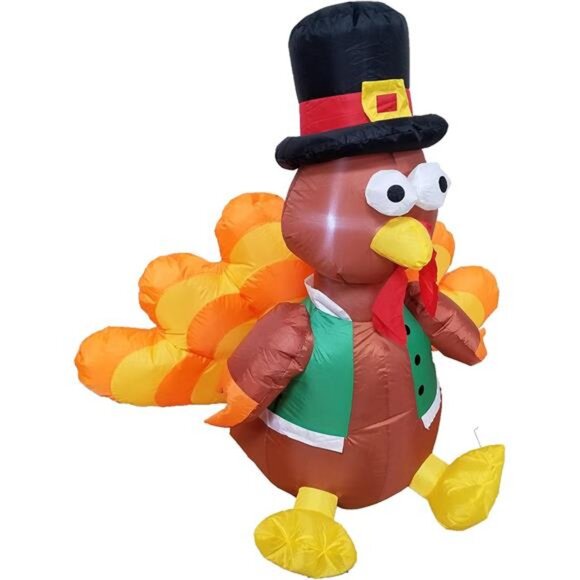 4 Foot Tall Happy Thanksgiving Inflatable Turkey with Pilgrim Hat Perfect - Picture 4 of 7